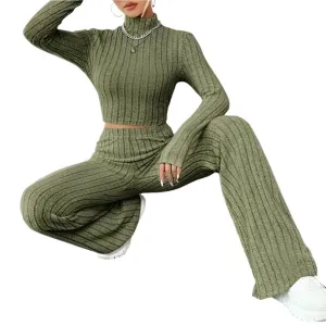 2 Pcs/Set Knitted Cozy andStylish Elegant Half-High Collar & Flare Pants Set