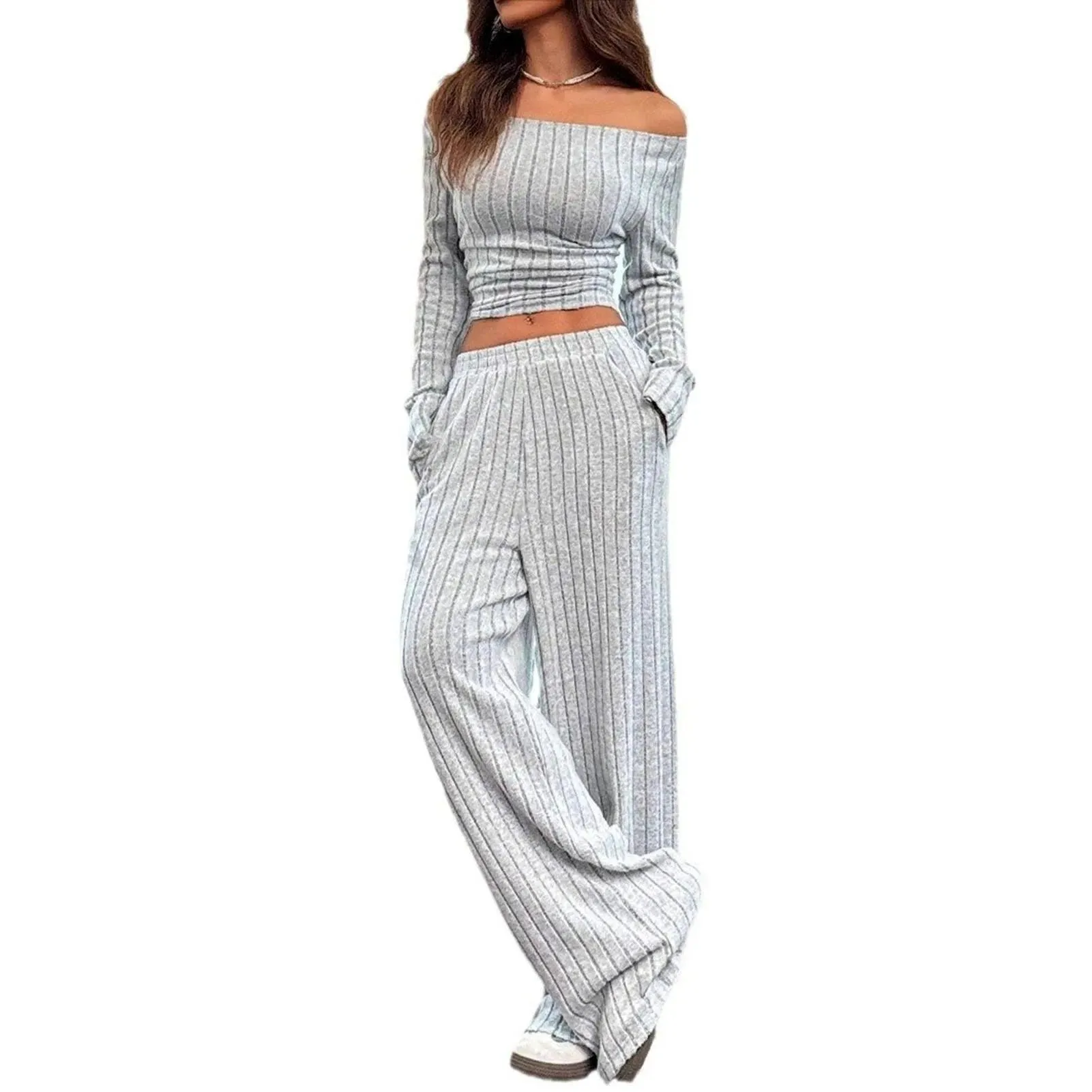 2 Pcs/Set Knitted Cozy andStylish Elegant Half-High Collar & Flare Pants Set