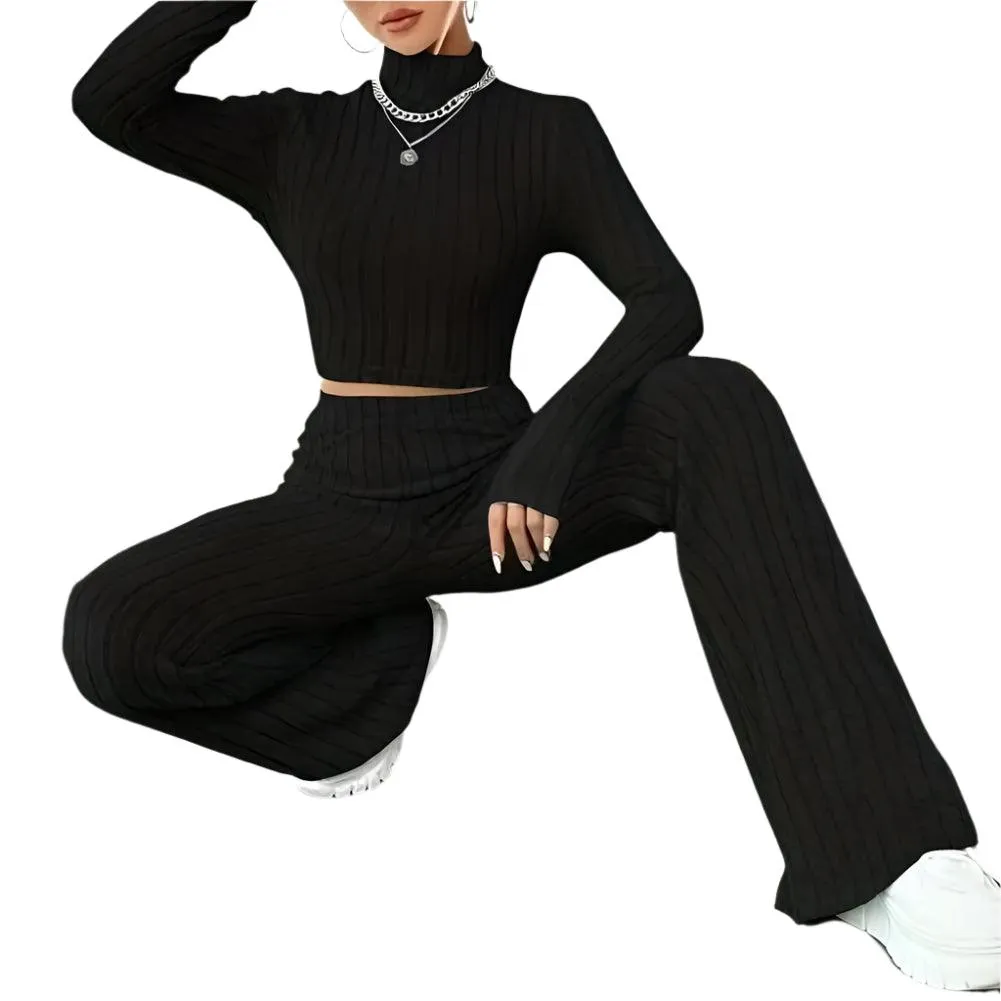 2 Pcs/Set Knitted Cozy andStylish Elegant Half-High Collar & Flare Pants Set