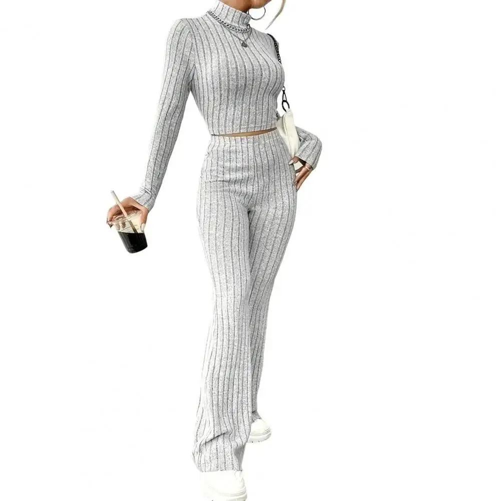 2 Pcs/Set Knitted Cozy andStylish Elegant Half-High Collar & Flare Pants Set