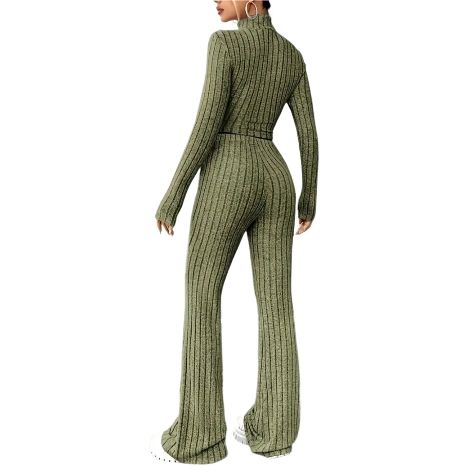 2 Pcs/Set Knitted Cozy andStylish Elegant Half-High Collar & Flare Pants Set