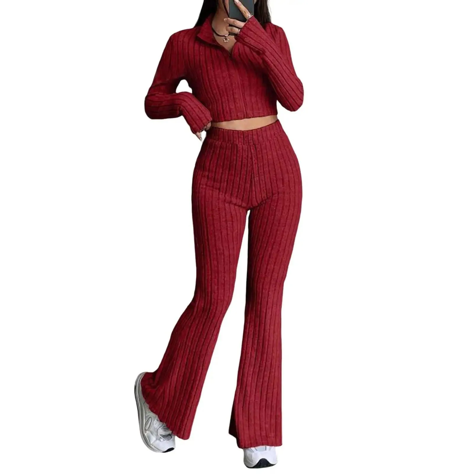 2 Pcs/Set Knitted Cozy andStylish Elegant Half-High Collar & Flare Pants Set