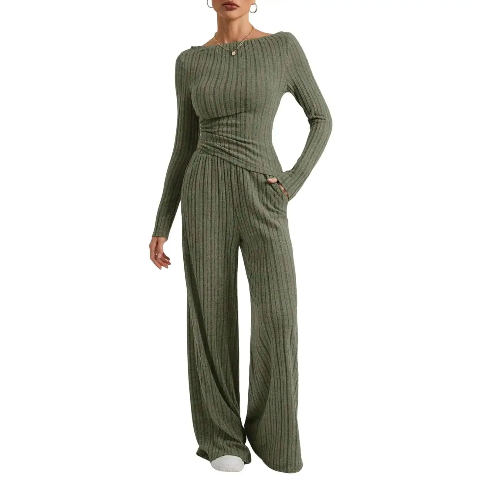 2 Pcs/Set Knitted Cozy andStylish Elegant Half-High Collar & Flare Pants Set