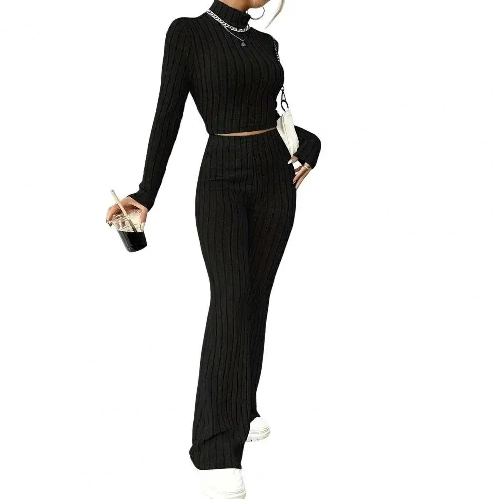 2 Pcs/Set Knitted Cozy andStylish Elegant Half-High Collar & Flare Pants Set