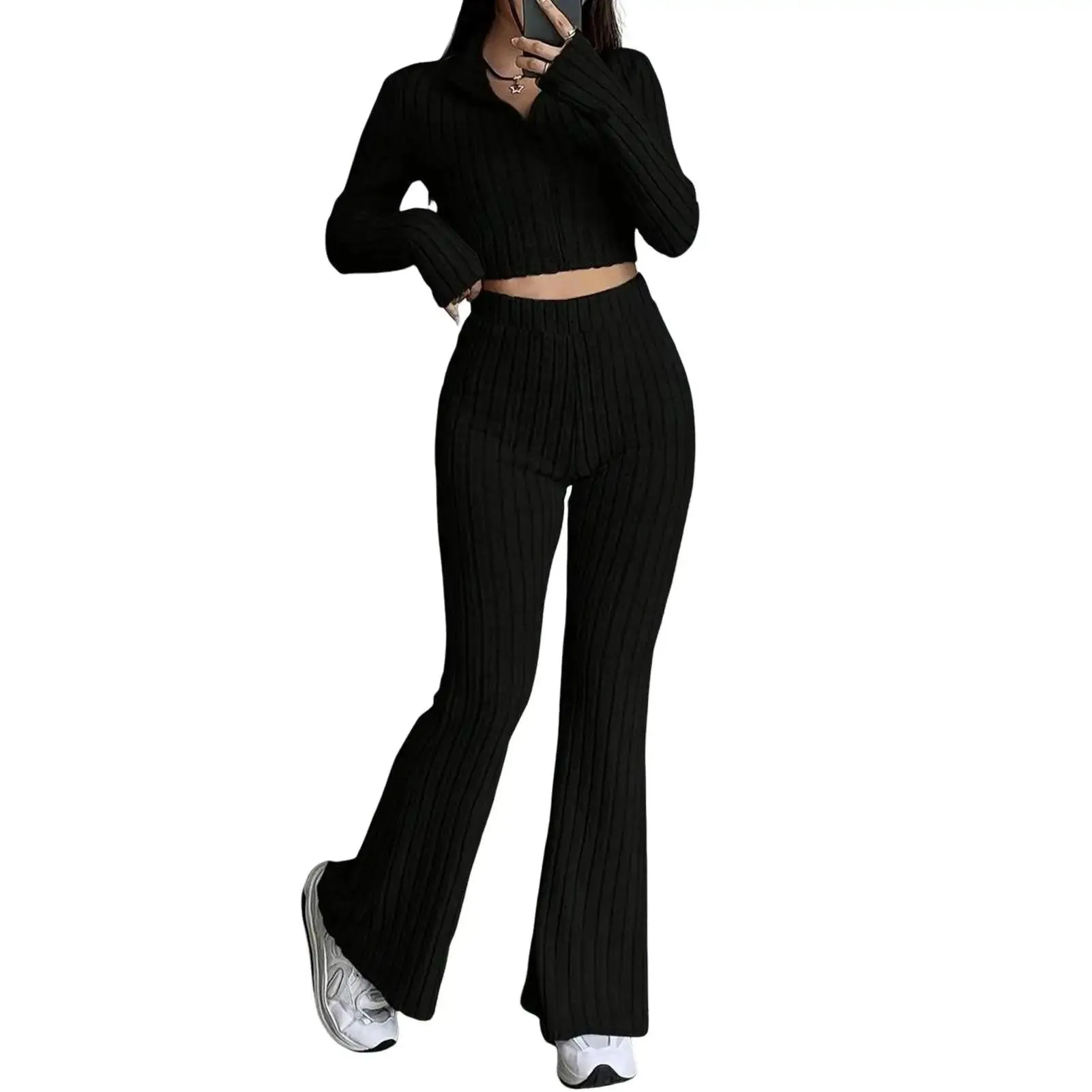 2 Pcs/Set Knitted Cozy andStylish Elegant Half-High Collar & Flare Pants Set