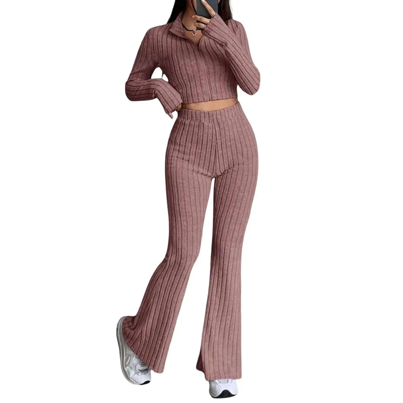 2 Pcs/Set Knitted Cozy andStylish Elegant Half-High Collar & Flare Pants Set