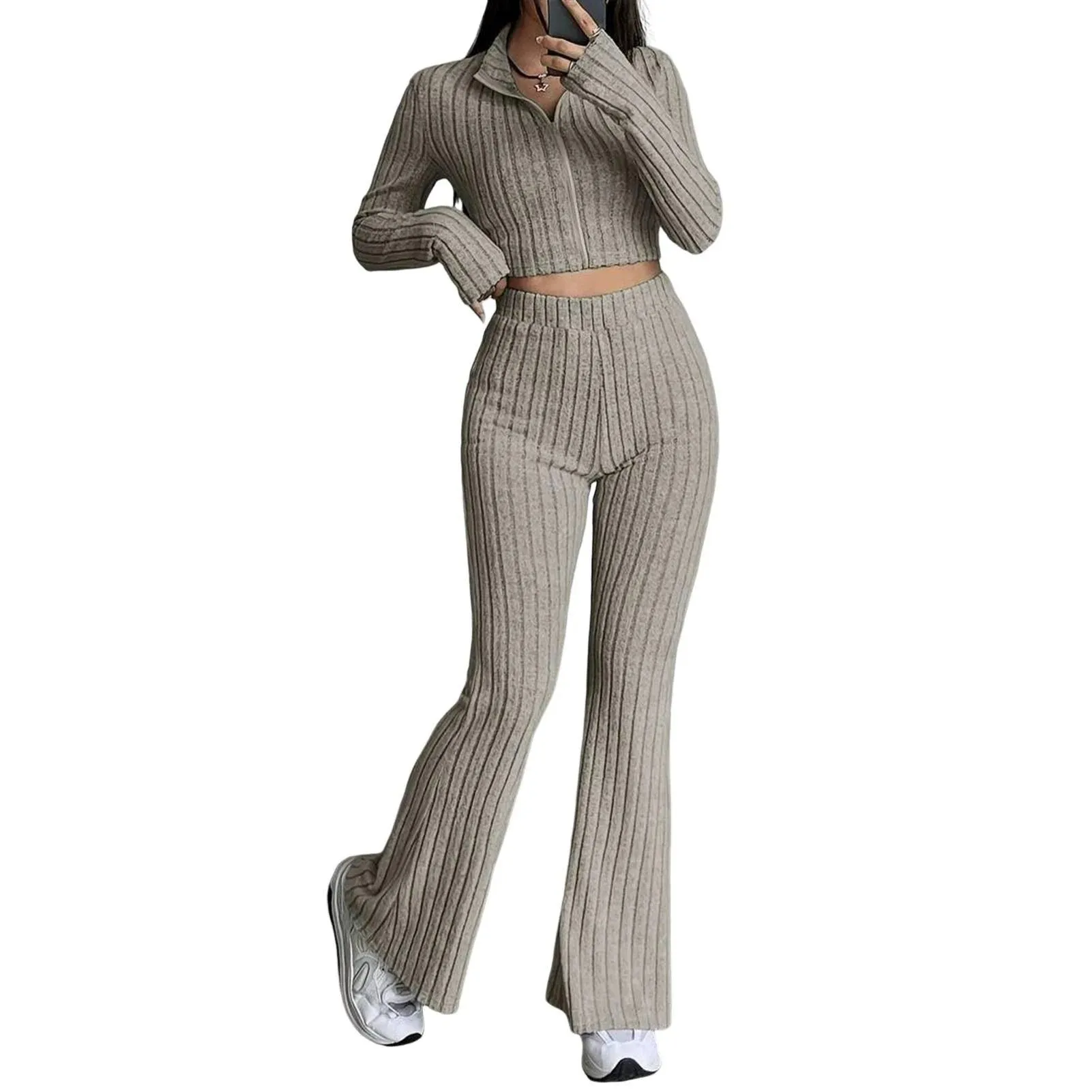 2 Pcs/Set Knitted Cozy andStylish Elegant Half-High Collar & Flare Pants Set