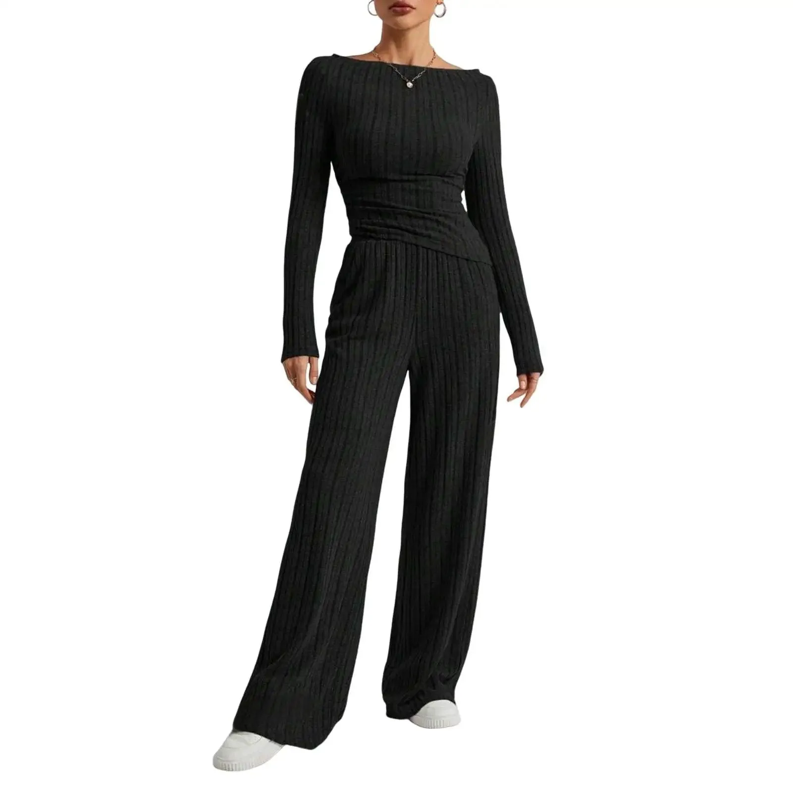 2 Pcs/Set Knitted Cozy andStylish Elegant Half-High Collar & Flare Pants Set
