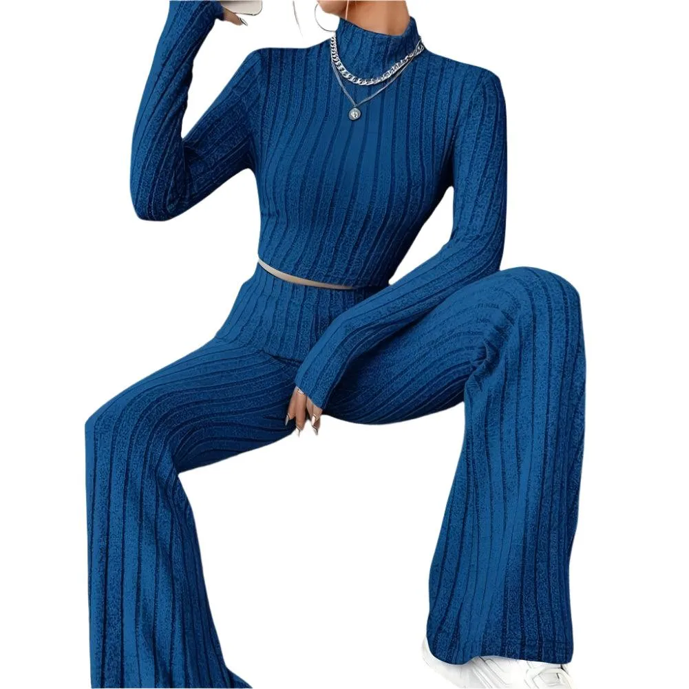 2 Pcs/Set Knitted Cozy andStylish Elegant Half-High Collar & Flare Pants Set
