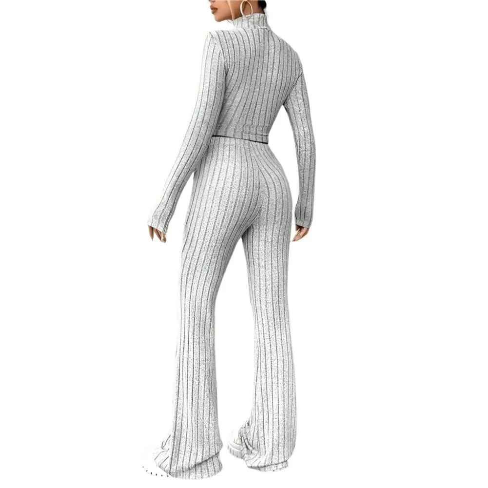 2 Pcs/Set Knitted Cozy andStylish Elegant Half-High Collar & Flare Pants Set