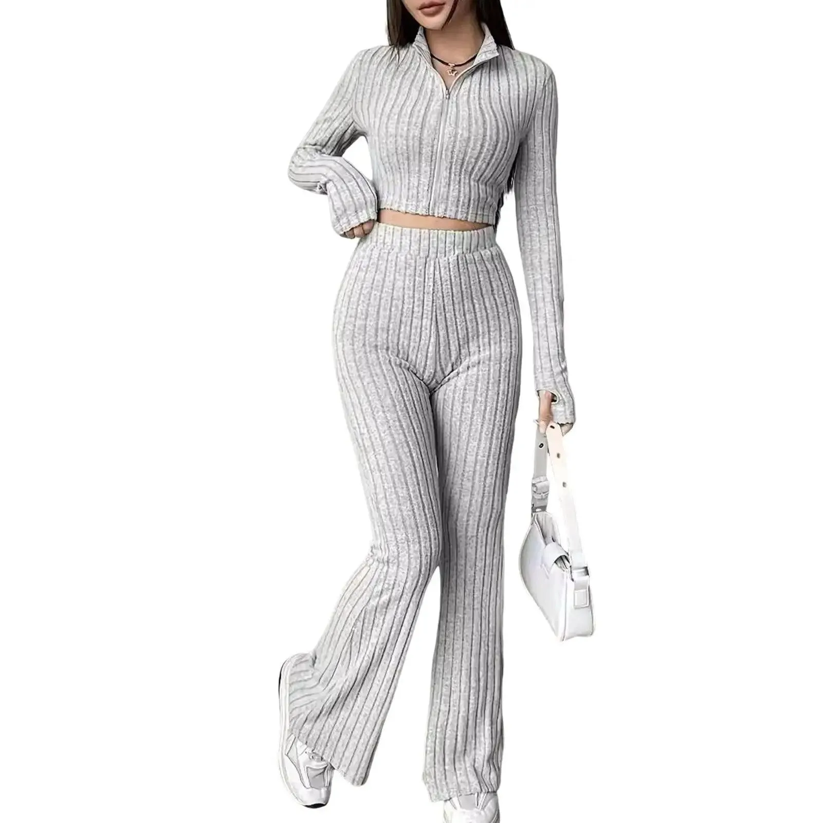 2 Pcs/Set Knitted Cozy andStylish Elegant Half-High Collar & Flare Pants Set
