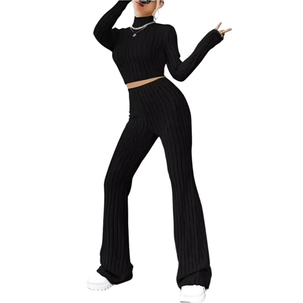 2 Pcs/Set Knitted Cozy andStylish Elegant Half-High Collar & Flare Pants Set
