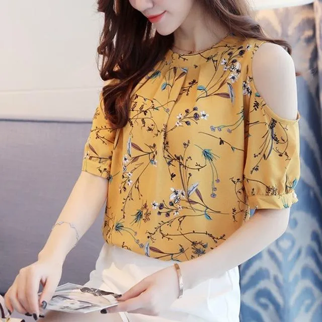 2017 Chiffon Print Blusas Floral Shirt For Womens Elegant Open Shoulder Blouses Women Ete Plus Size Female Tops 825C 30
