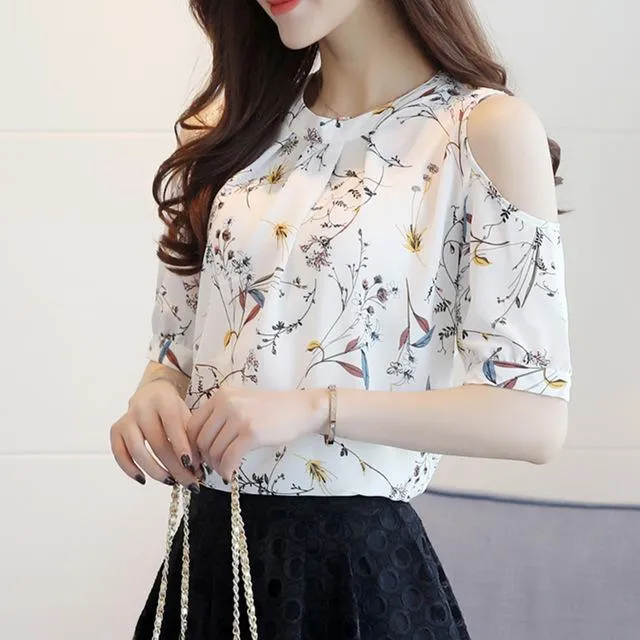2017 Chiffon Print Blusas Floral Shirt For Womens Elegant Open Shoulder Blouses Women Ete Plus Size Female Tops 825C 30