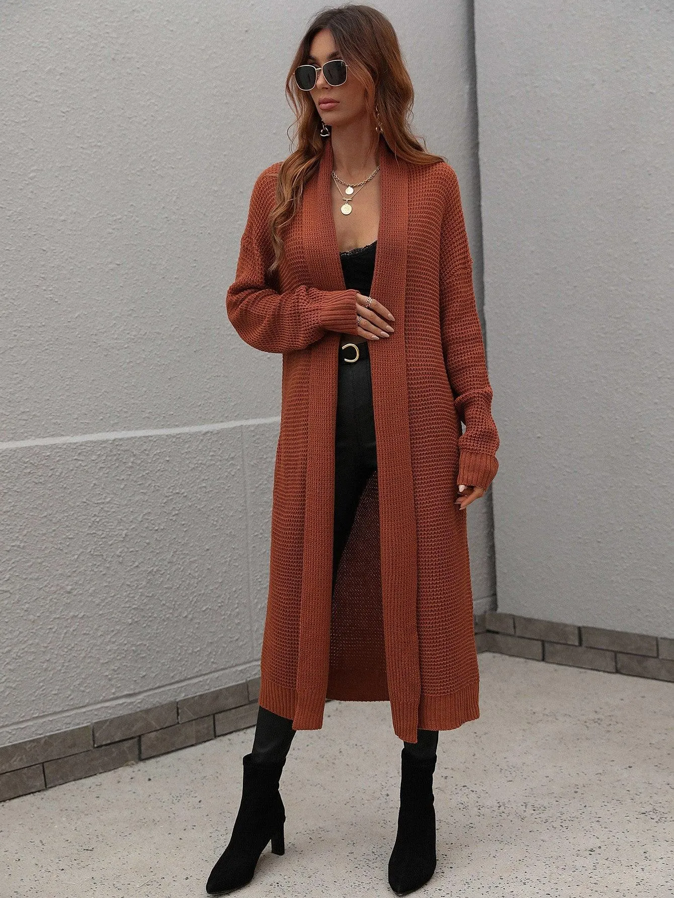 Achieve Joy Waffle Knit Open Front Duster Cardigan
