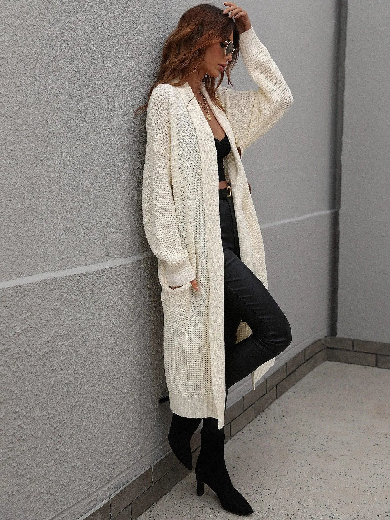 Achieve Joy Waffle Knit Open Front Duster Cardigan
