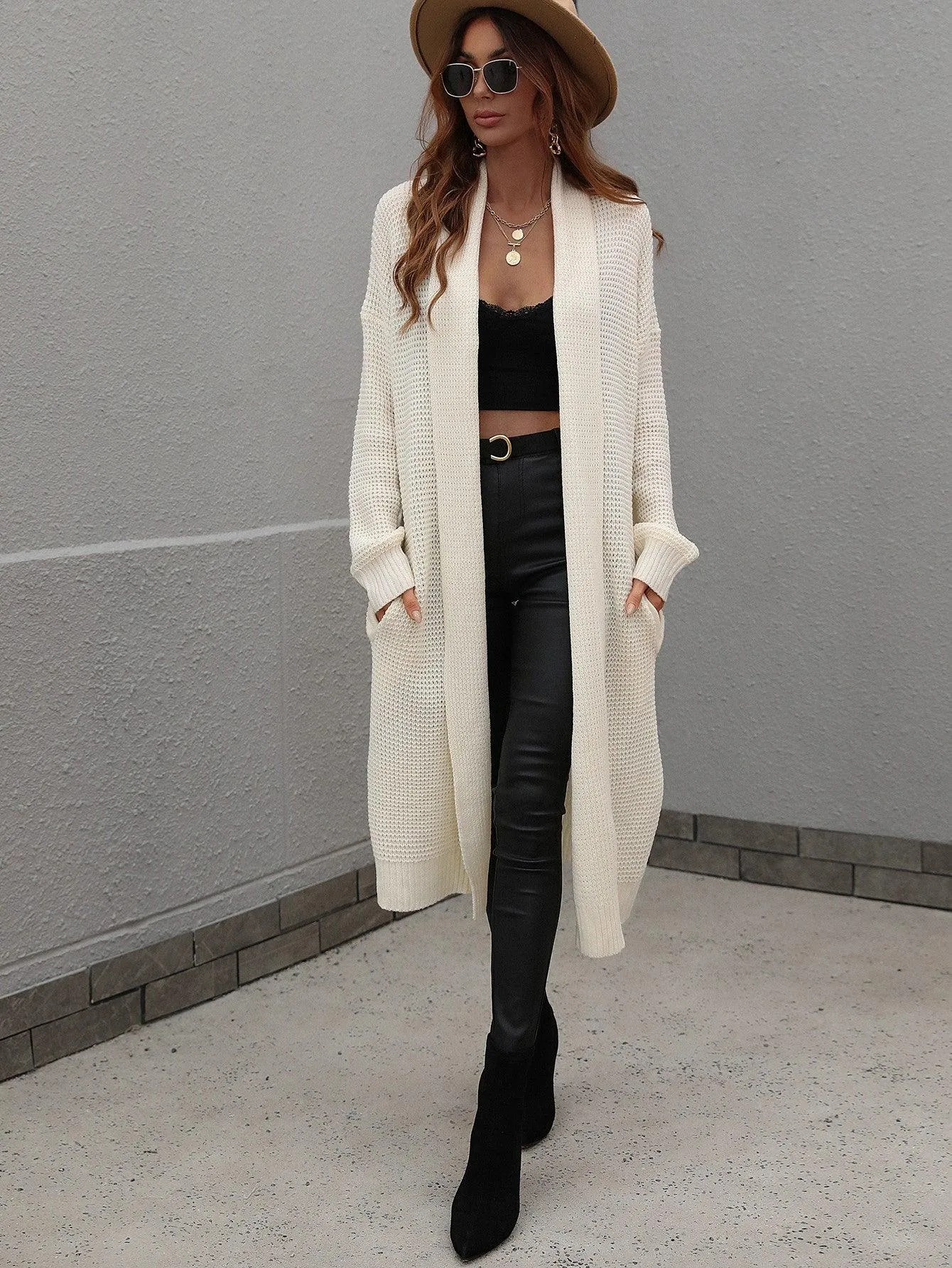 Achieve Joy Waffle Knit Open Front Duster Cardigan