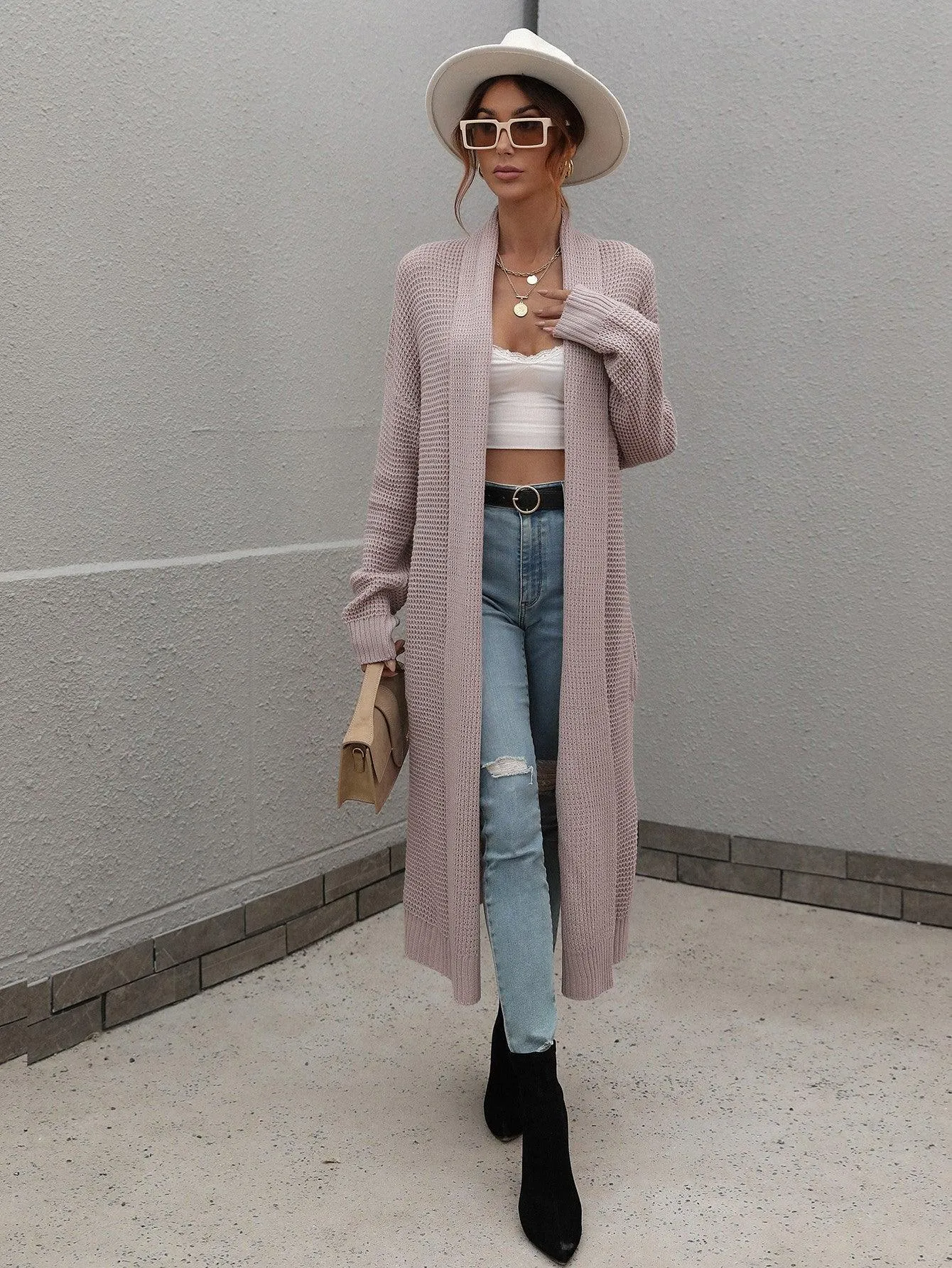Achieve Joy Waffle Knit Open Front Duster Cardigan