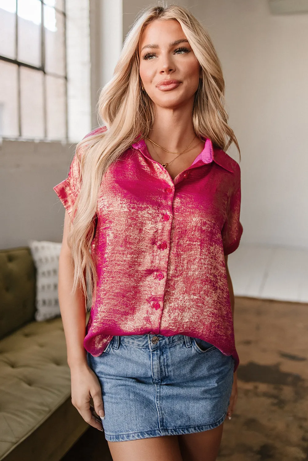 Amoura Metallic Sheen Buttoned Top