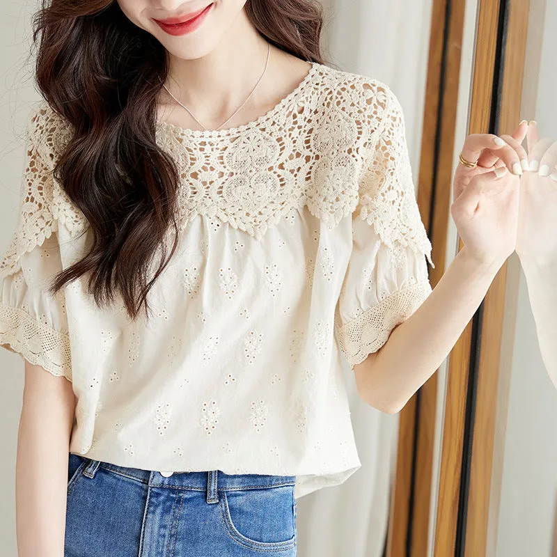 Apricot Lace Hollow-out Short-Sleeved Shirt