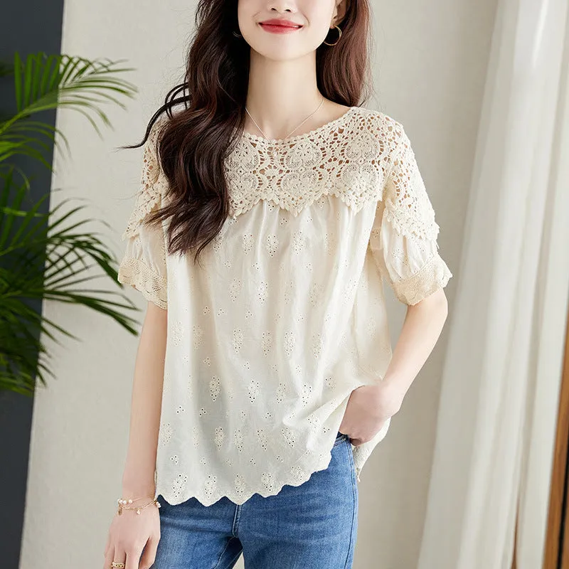 Apricot Lace Hollow-out Short-Sleeved Shirt