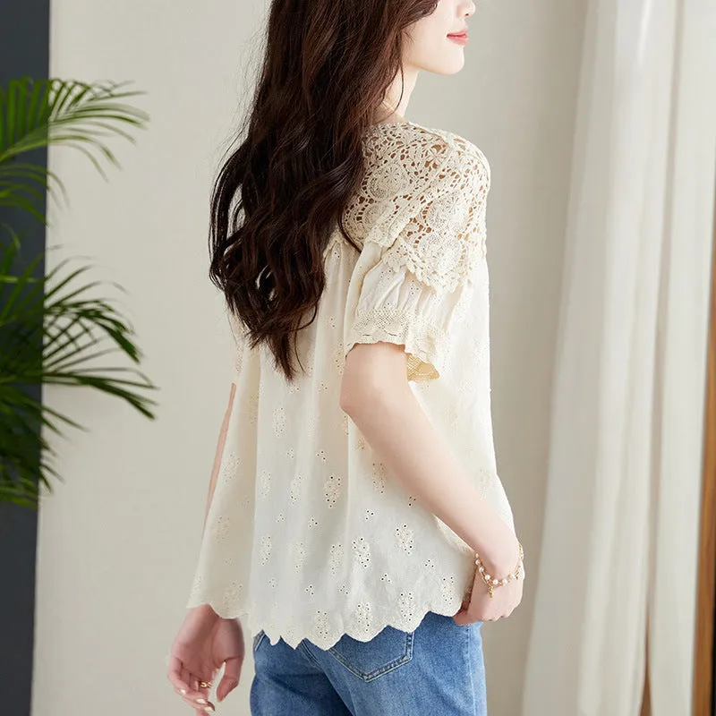 Apricot Lace Hollow-out Short-Sleeved Shirt