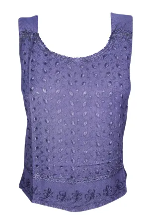 Beautiful Floral Embroidered Blouse Purple Sleeveless Round Neck Tie XXS