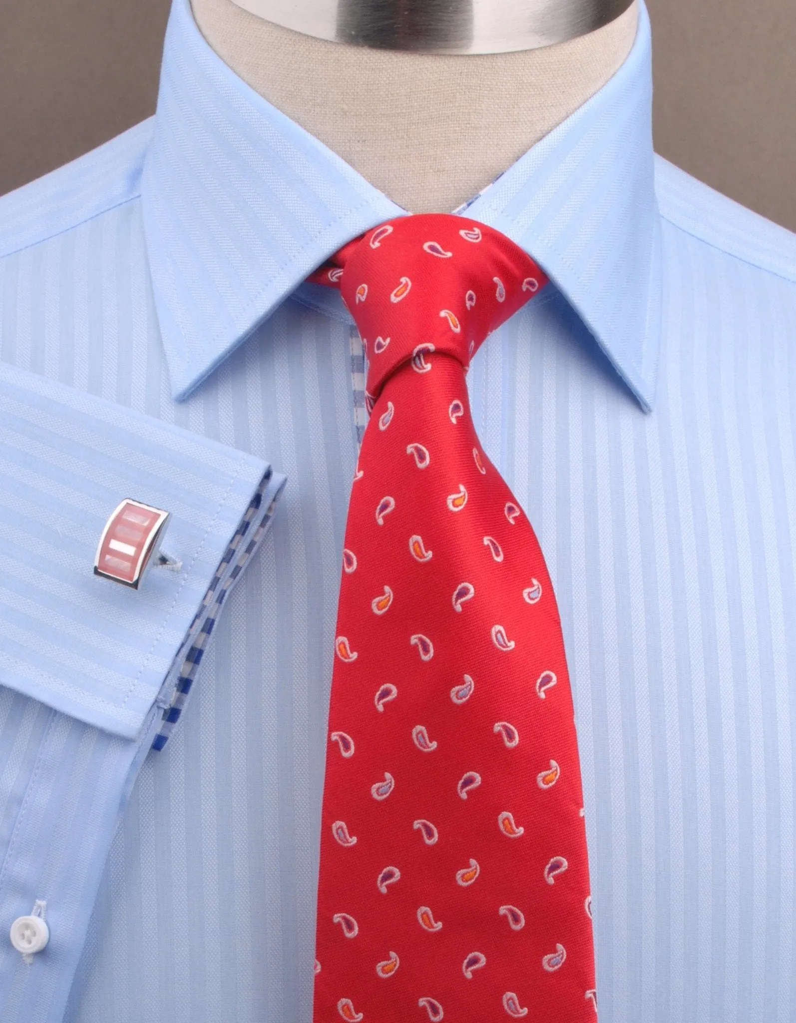Blue Oxford Striped Formal Business Dress Shirt with Gingham Check Inner-Lining