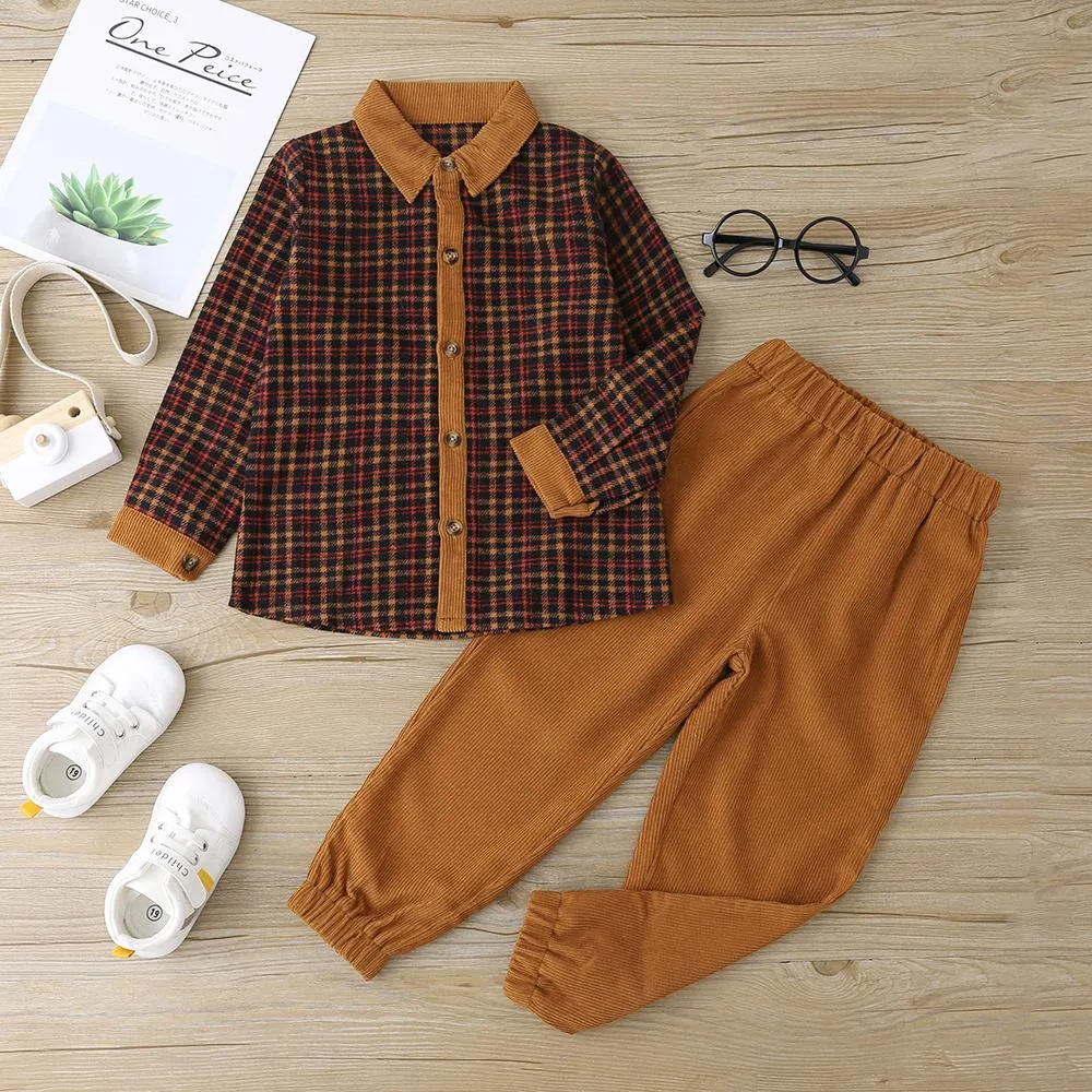 Boys Plaid Long Sleeve Lapel Button Shirt & Pants Boy Clothing Wholesale