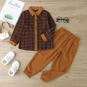 Boys Plaid Long Sleeve Lapel Button Shirt & Pants Boy Clothing Wholesale
