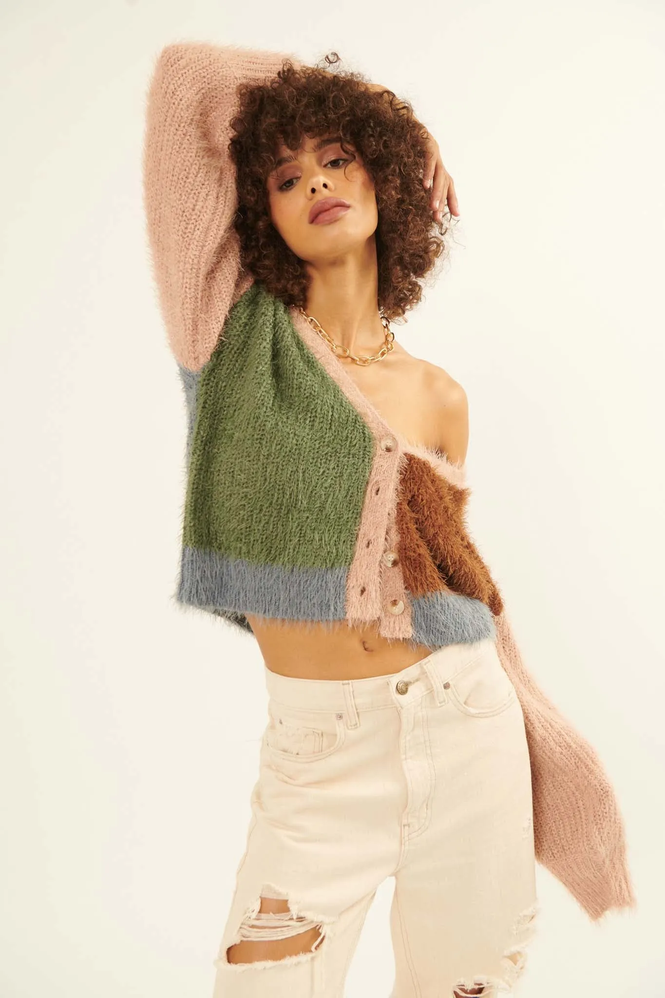 Cozy Heart Furry Knit Colorblock Cardigan