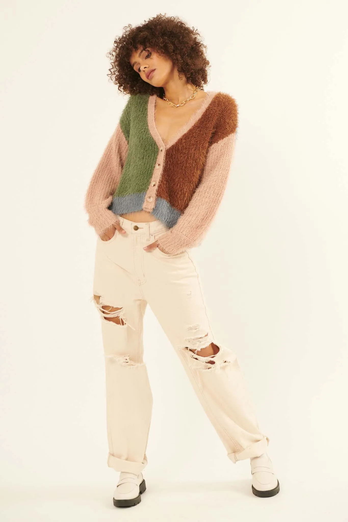 Cozy Heart Furry Knit Colorblock Cardigan