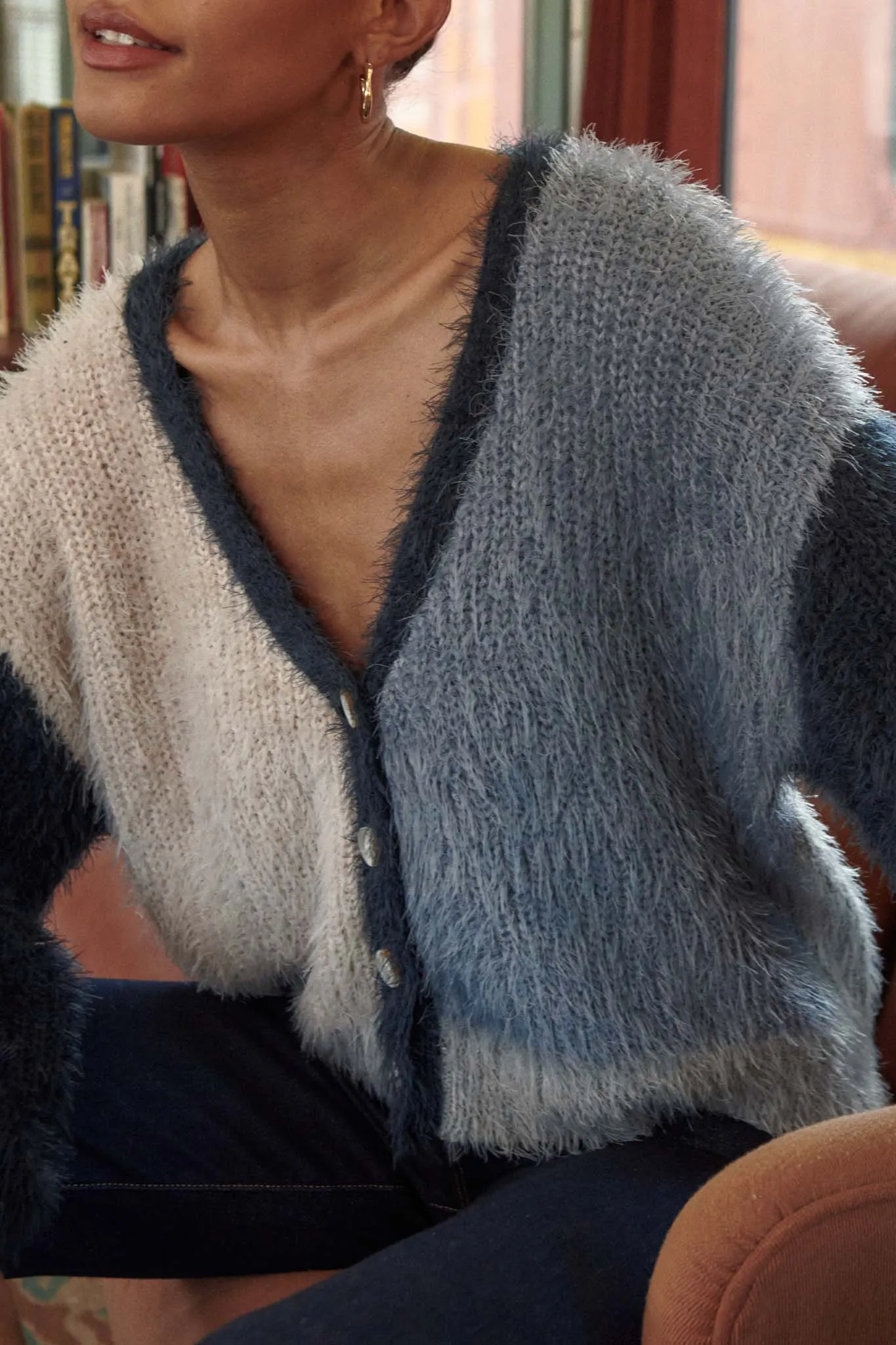 Cozy Heart Furry Knit Colorblock Cardigan