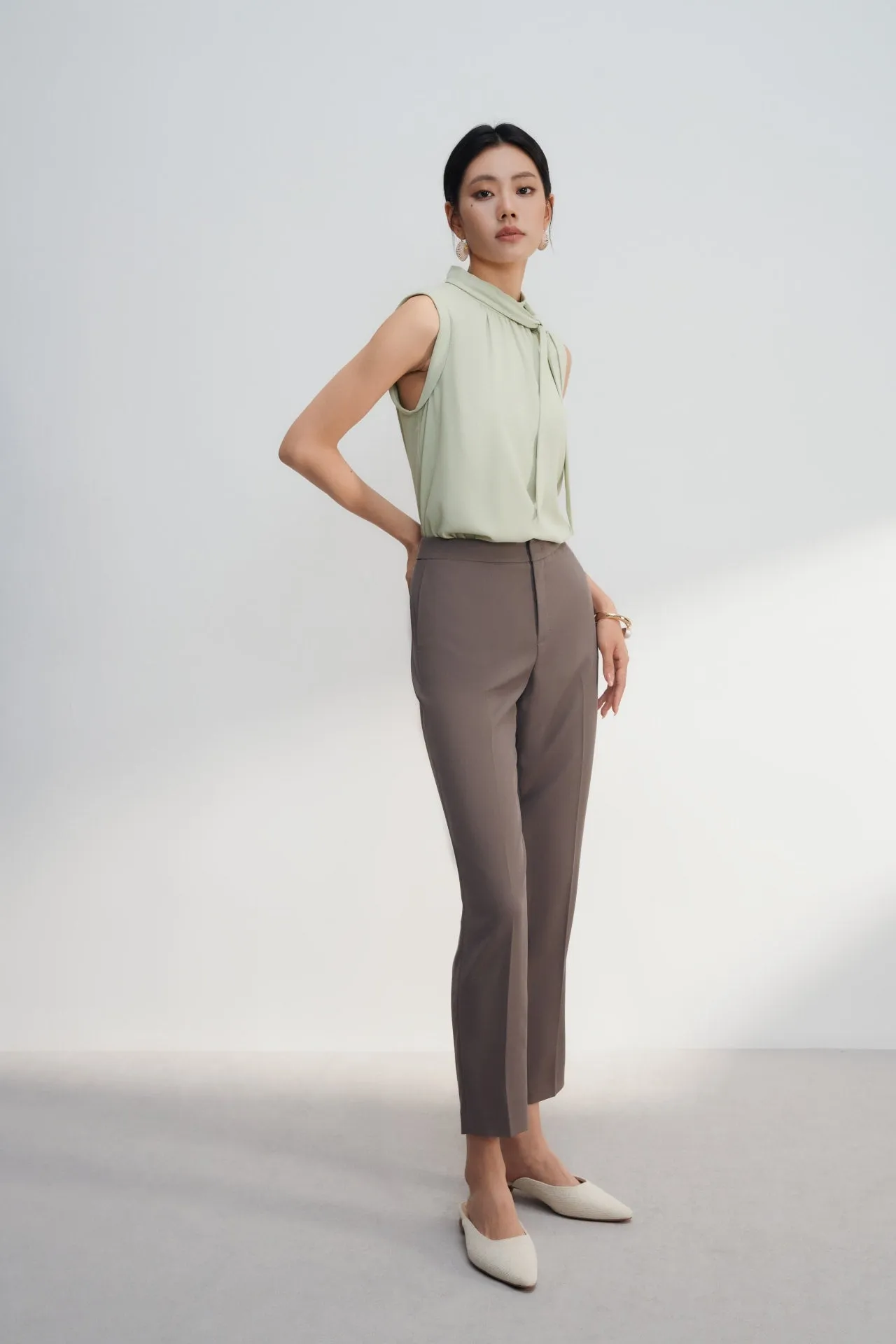 Crepe Stand Collar Blouse With Detachable Tie