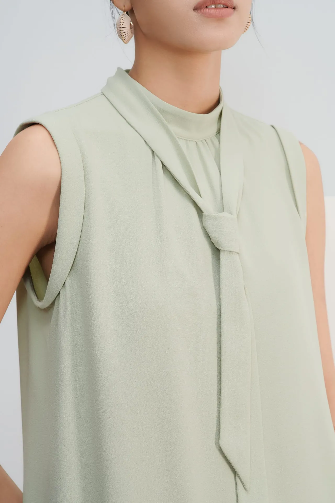 Crepe Stand Collar Blouse With Detachable Tie