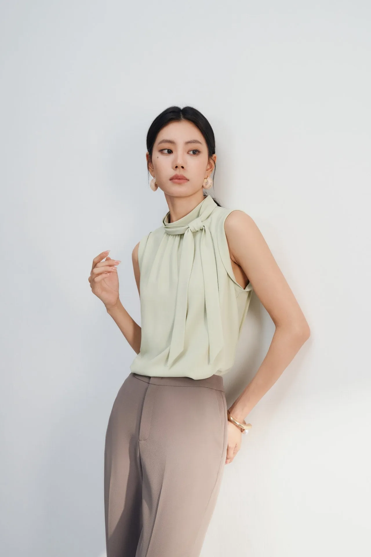 Crepe Stand Collar Blouse With Detachable Tie