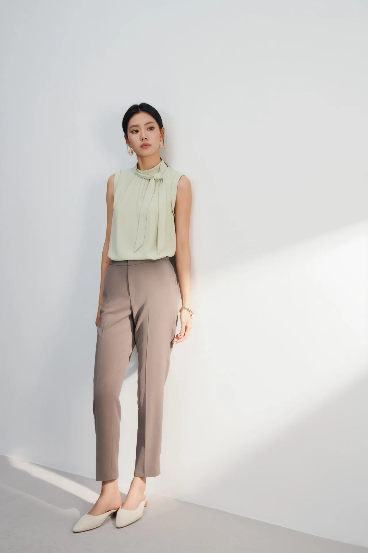 Crepe Stand Collar Blouse With Detachable Tie