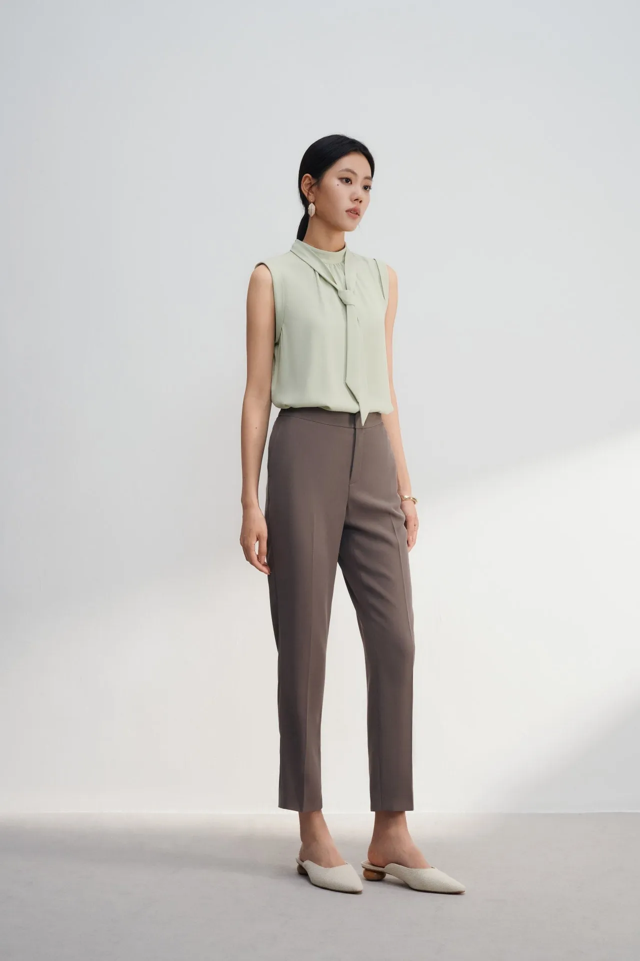 Crepe Stand Collar Blouse With Detachable Tie