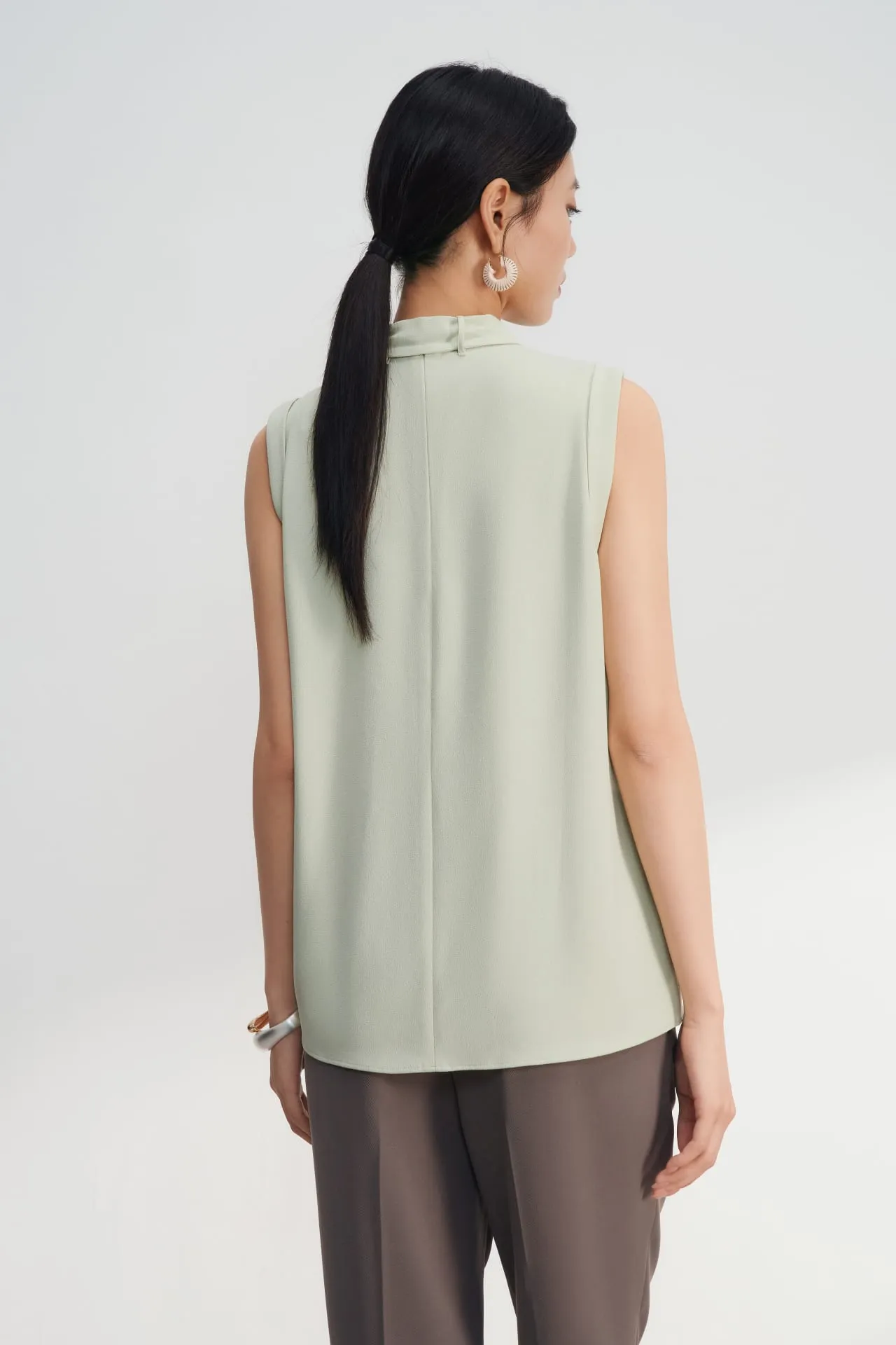 Crepe Stand Collar Blouse With Detachable Tie
