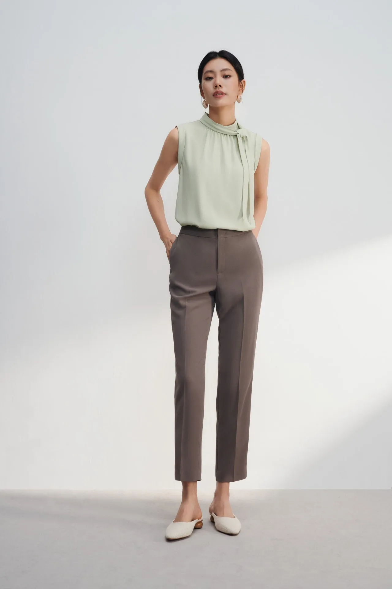Crepe Stand Collar Blouse With Detachable Tie