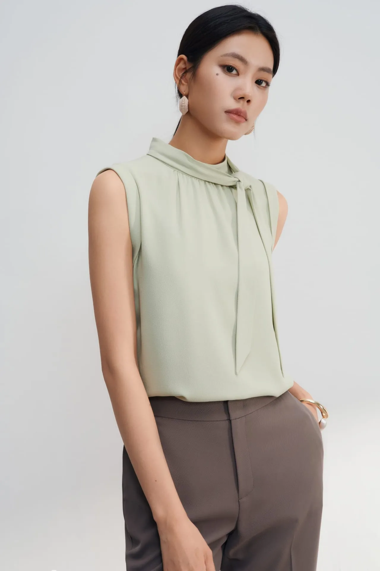 Crepe Stand Collar Blouse With Detachable Tie