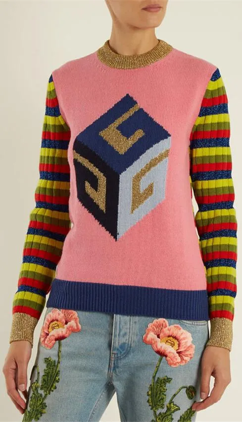 Cube-Intarsia Striped Knit Sweater