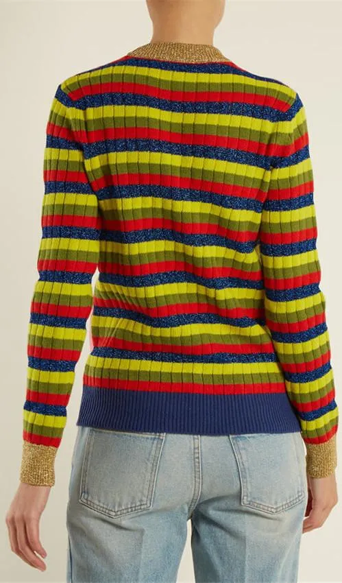Cube-Intarsia Striped Knit Sweater