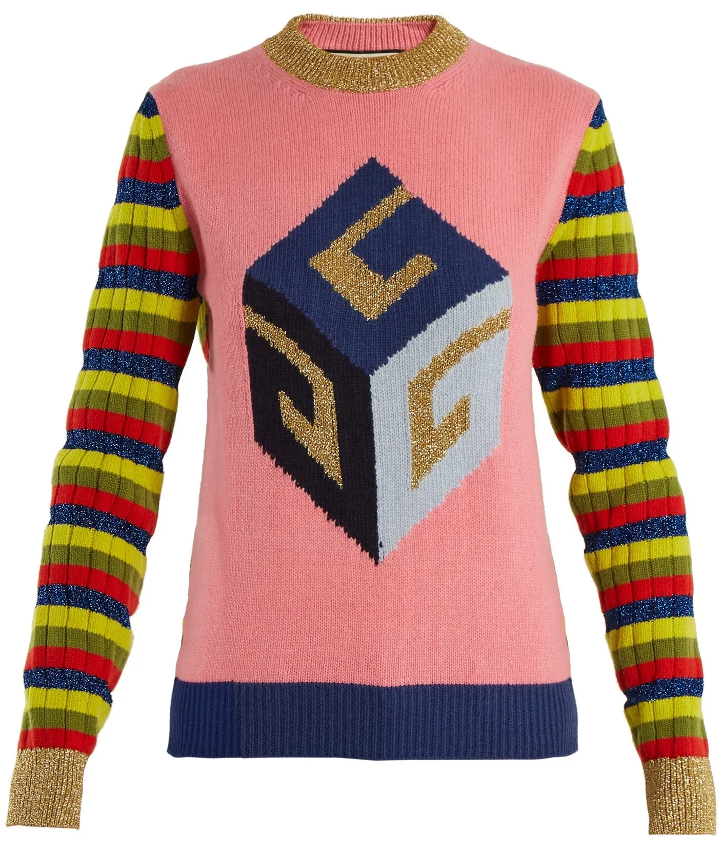 Cube-Intarsia Striped Knit Sweater