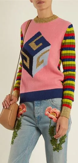 Cube-Intarsia Striped Knit Sweater