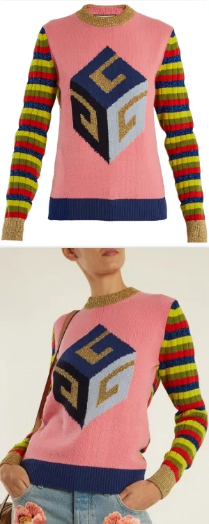 Cube-Intarsia Striped Knit Sweater