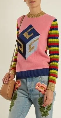 Cube-Intarsia Striped Knit Sweater