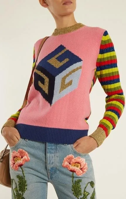 Cube-Intarsia Striped Knit Sweater