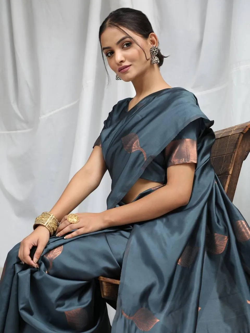 Dark Grey Leaf Soft Silk  Saree