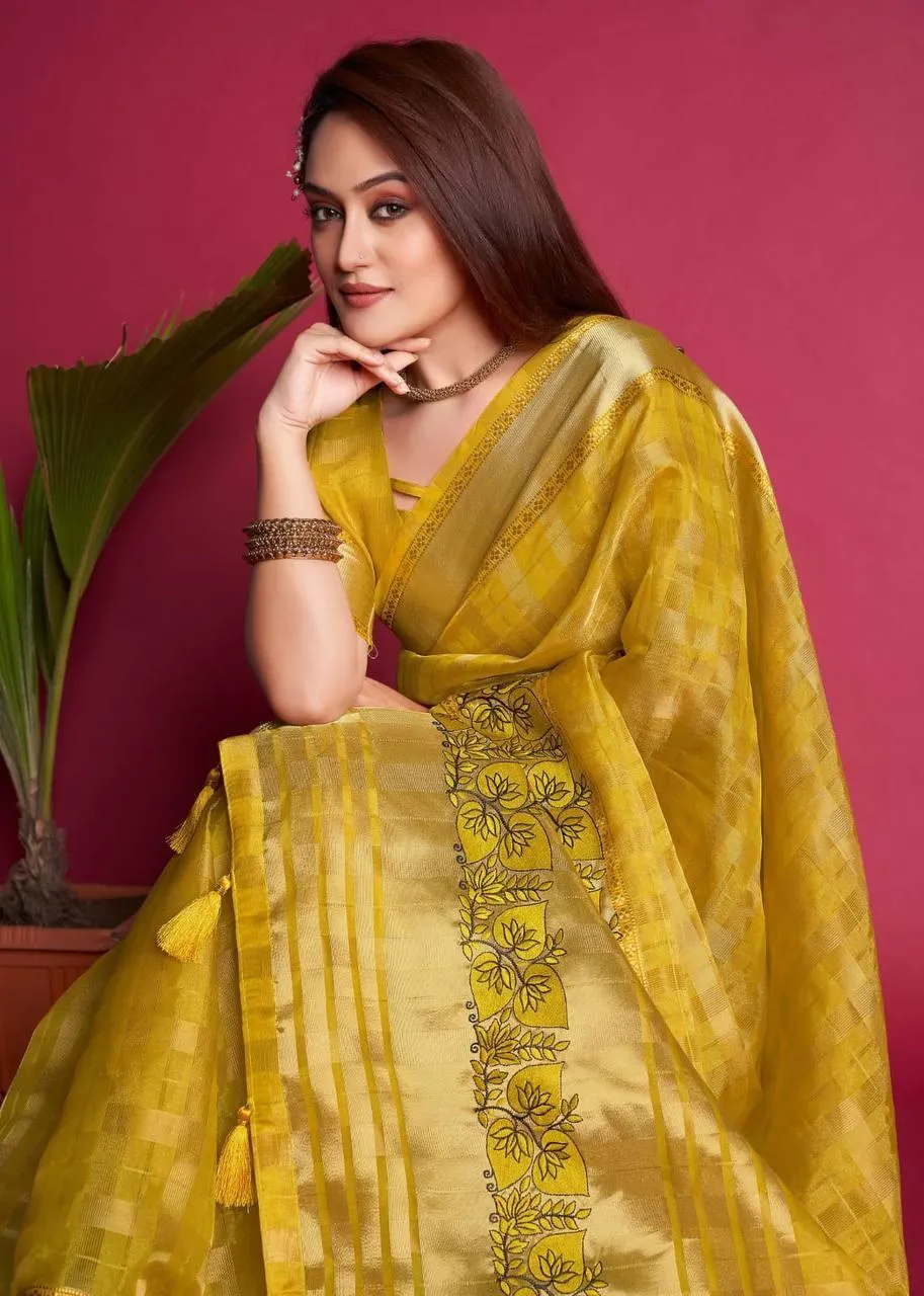 Dijon Yellow Organza Silk  Saree